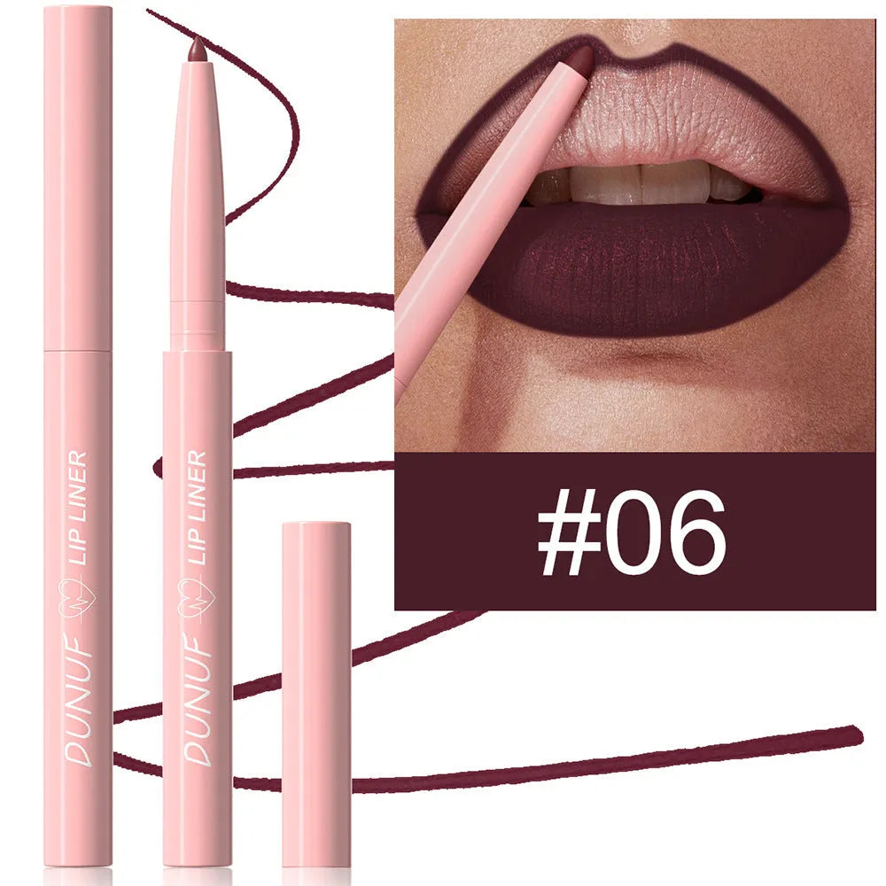 Velvet matte lip liner pencil in one of 12 colours with soft blunt tip for lip definition