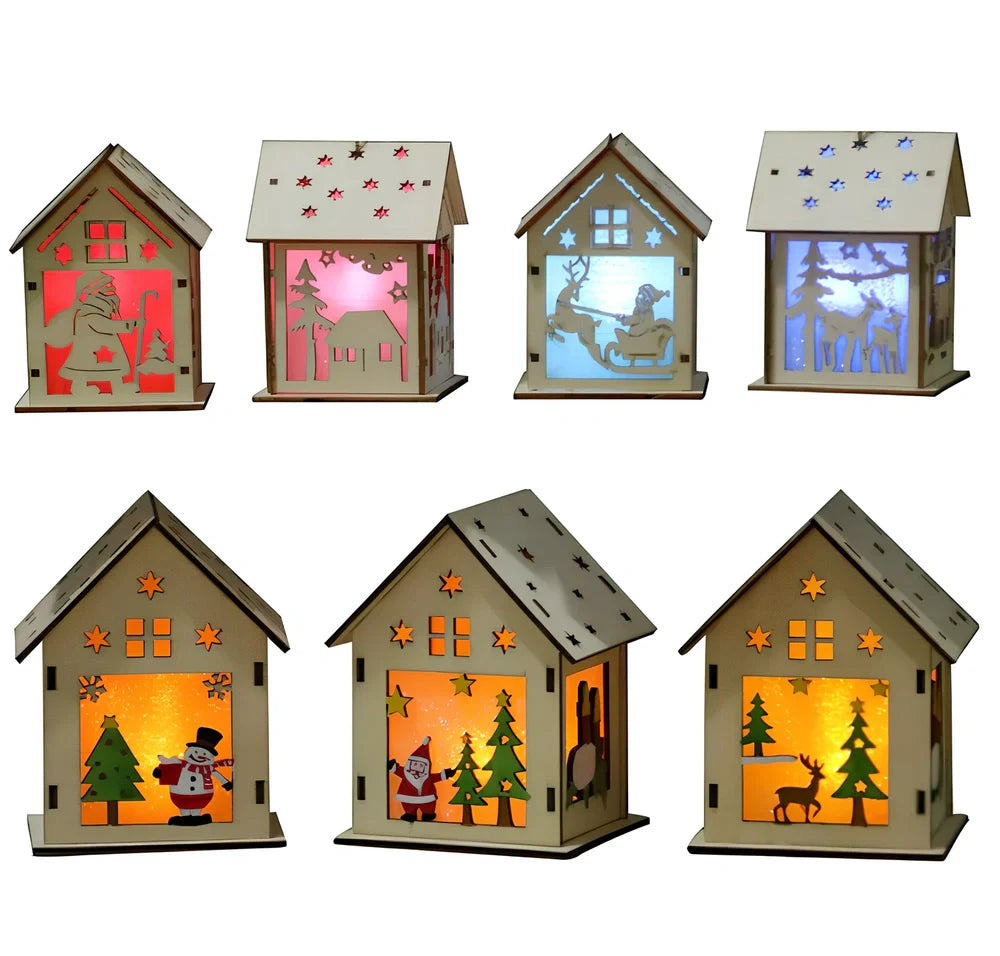 Wooden Christmas decorations with LED lights showing four character styles hanging on tree branches