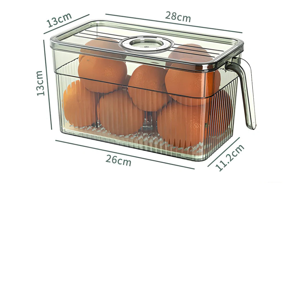 Green plastic food storage box with airtight lid for refrigerator organisation