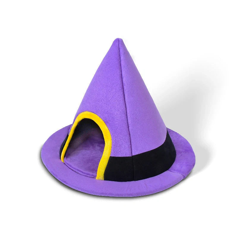 Purple witch hat shaped cat bed measuring 60cm by 45cm with cloth material