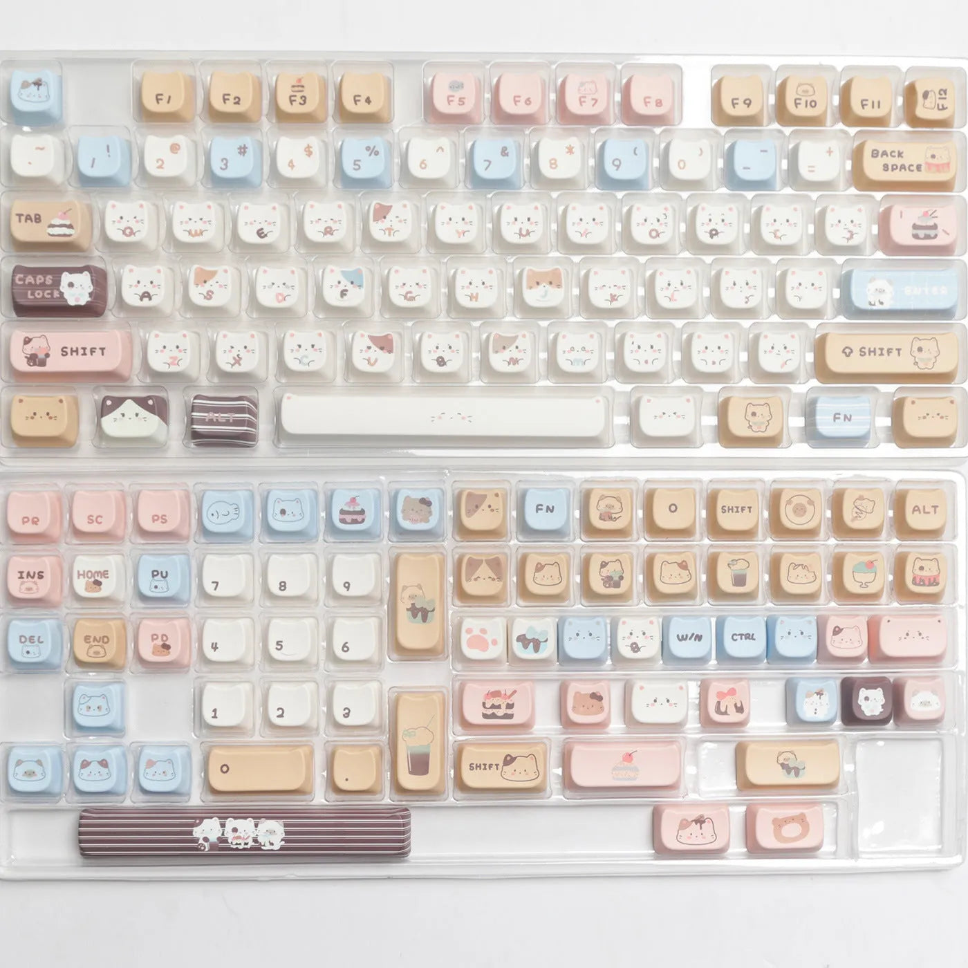Sea Salt Cat PBT keycap set with sublimation printing showing 26 keys including 7u spacebar supplement