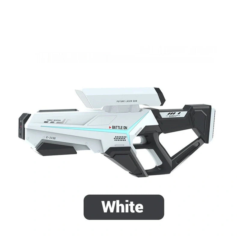 Electric water gun with 750ml capacity in blue colour showing USB charging port and automatic delivery system