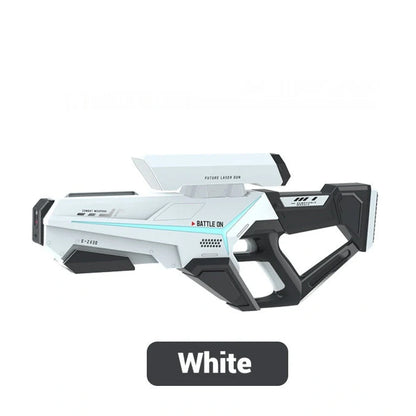Electric water gun with 750ml capacity in blue colour showing USB charging port and automatic delivery system
