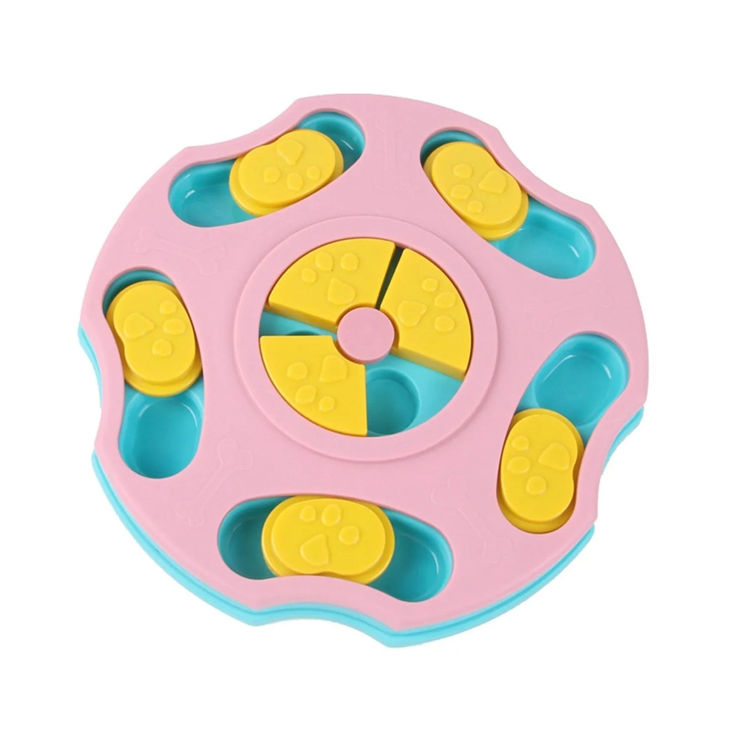 Blue dog puzzle feeder toy with food compartments and interactive searching games