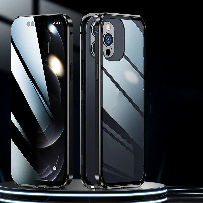 Double sided magnetic glass phone case in silicone for iPhone, available in black, red, silver, gold, dark green, emerald green and blue.