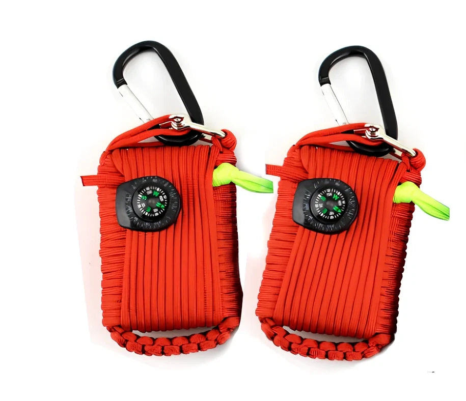 Hand-woven camping survival kit with 10.5m rope containing 25 tools including compass and medical supplies