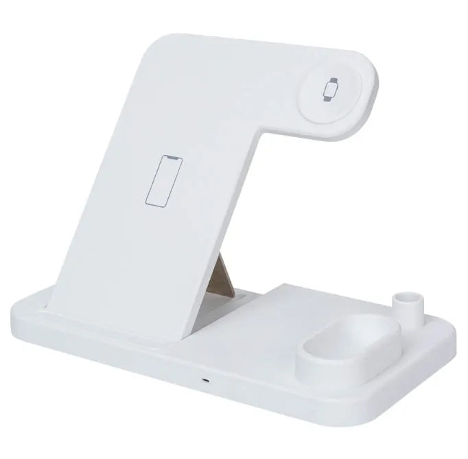 4-in-1 wireless charging station with adjustable magnetic stand charging phone, watch, AirPods, and Apple Pencil