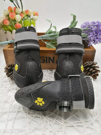 Black waterproof dog shoes with non-slip soles and adjustable fuzzy belts