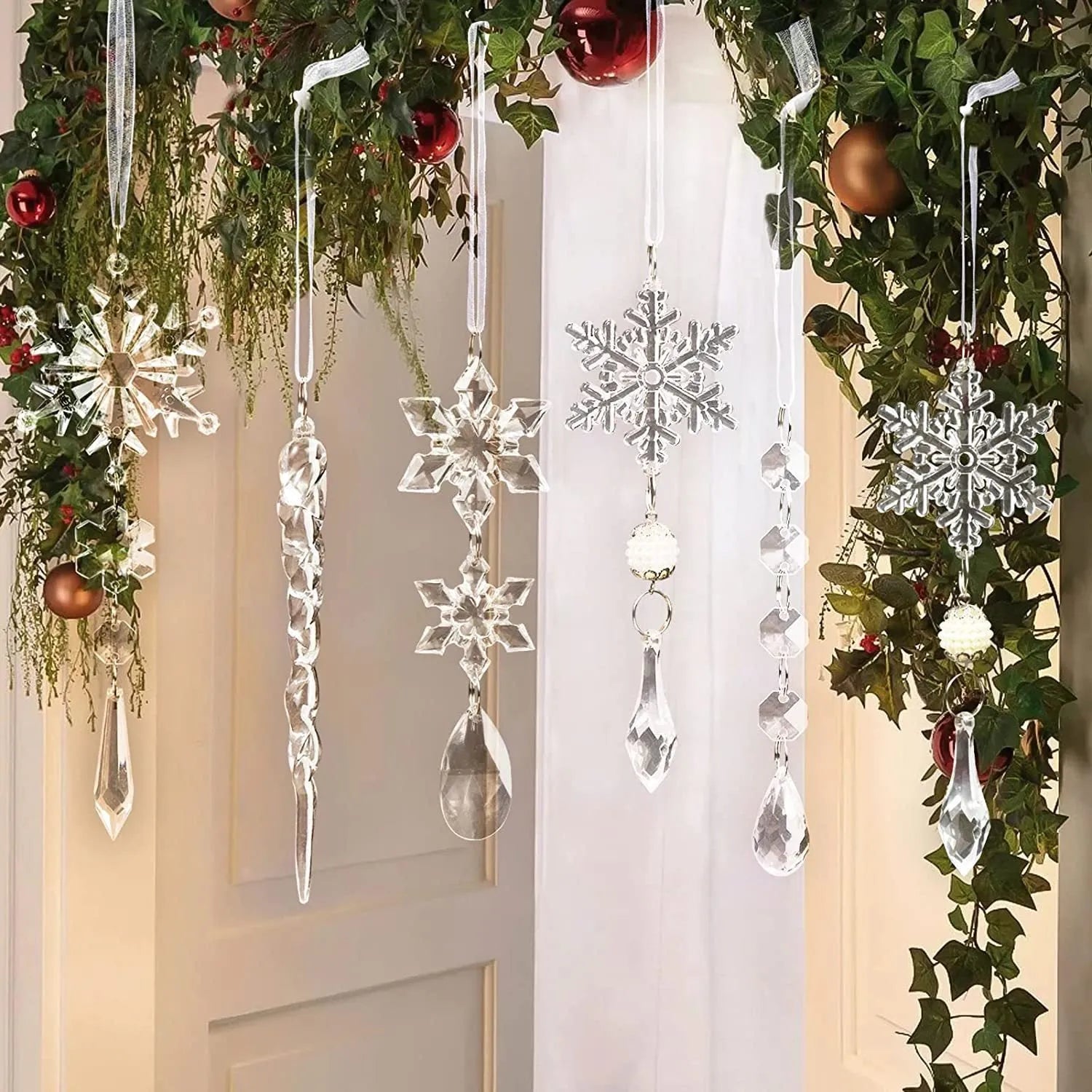 10 clear acrylic ice cone Christmas tree ornaments with hanging ribbons on green branches