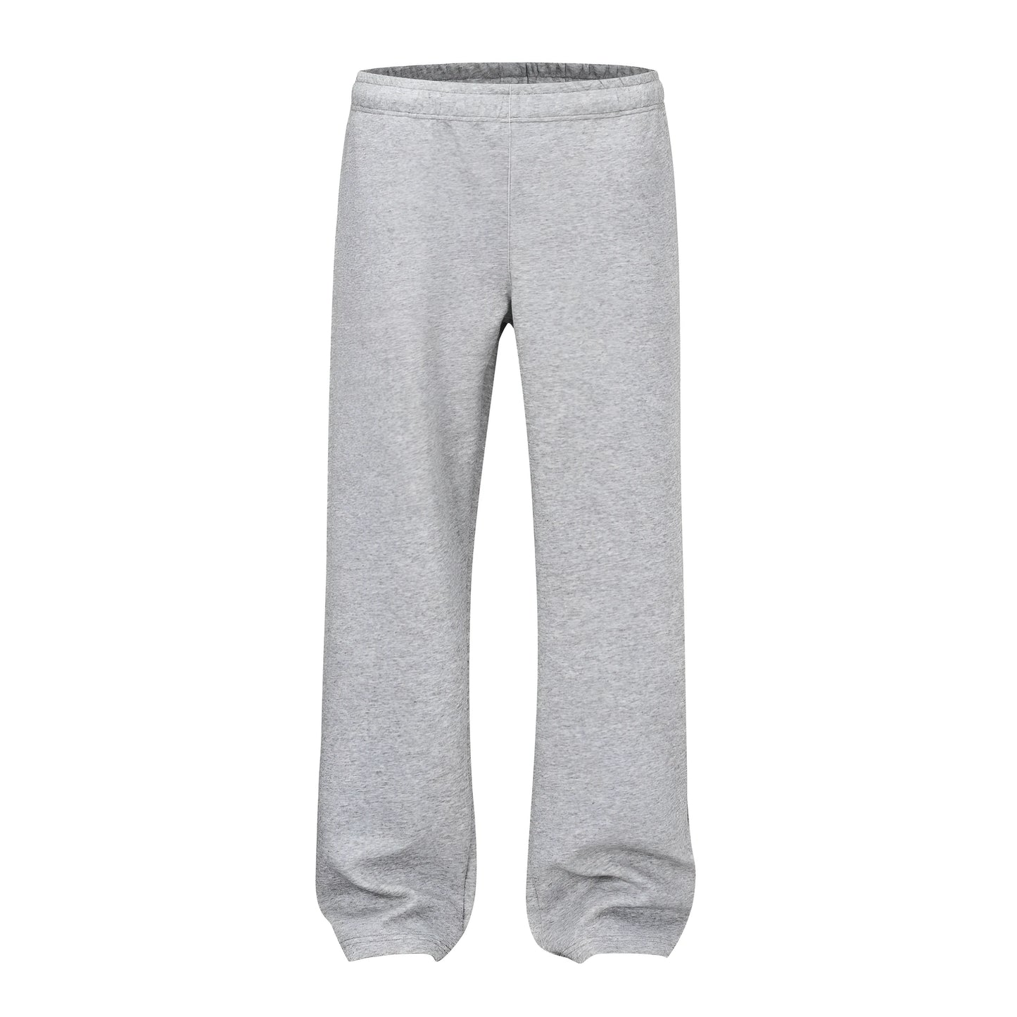 Men's straight-leg grey cotton casual trousers with an elasticated waistband laid flat.