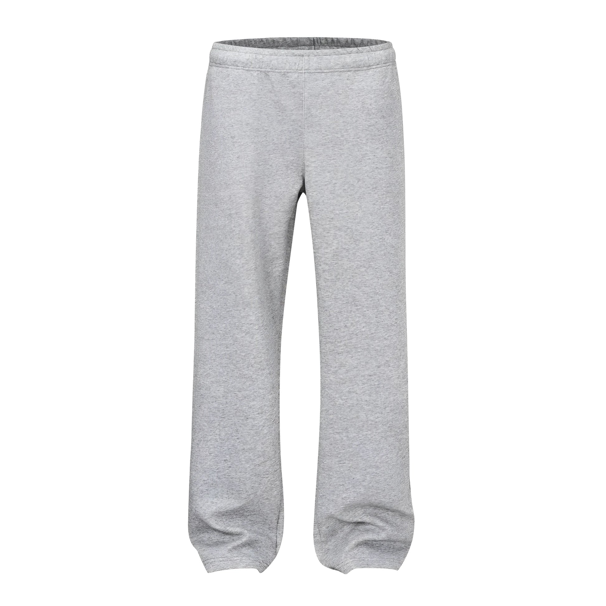Men's straight-leg grey cotton casual trousers with an elasticated waistband laid flat.