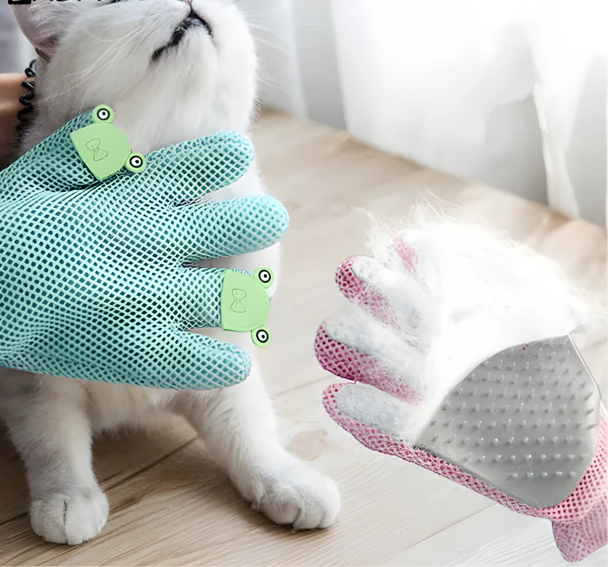 Silicone pet hair removal brush and grooming glove for cats and dogs in Pink, Grey, or Green.