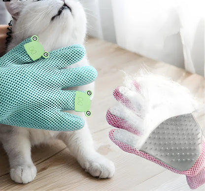 Silicone pet hair removal brush and grooming glove for cats and dogs in Pink, Grey, or Green.