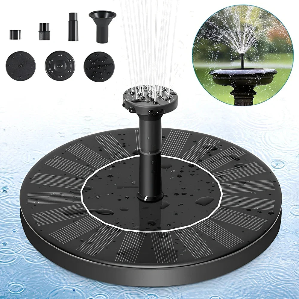 Black solar fountain with water spray in garden pond showing 55cm height and four nozzle options