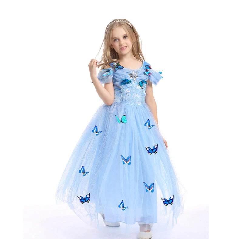 Halloween children's princess dress in blue colour with short sleeves and 100% cotton fabric