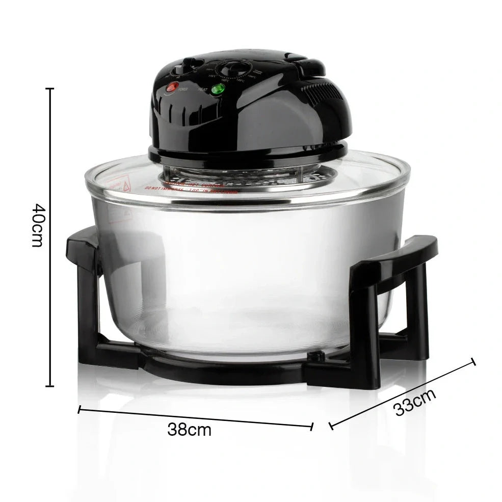 Black home air fryer with touch controls and visual window for monitoring cooking progress