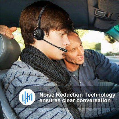Over-ear Bluetooth headset with microphone for truck drivers and office use, shown with a USB charging cable.