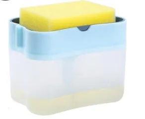 Grey plastic kitchen soap dispenser with pump mechanism on countertop