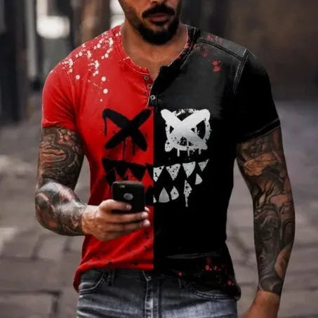 Men's grey 3D print pattern short sleeve polo shirt with lapel collar on a mannequin.