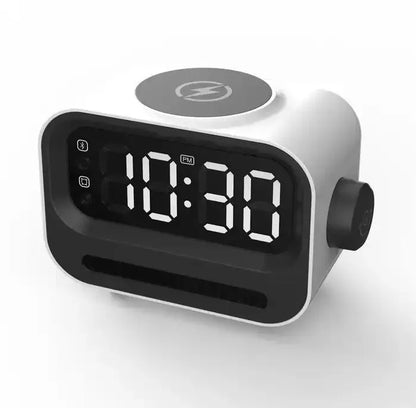 Three-in-one digital alarm clock with atmosphere light and speaker, black or white, 1200 mAh battery