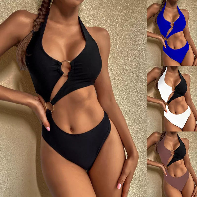 Women's conservative high waist one-piece swimwear in nylon, available in black, sapphire blue, and stitched designs
