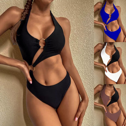 Women's conservative high waist one-piece swimwear in nylon, available in black, sapphire blue, and stitched designs