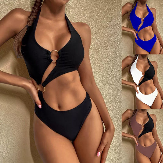 Women's conservative high waist one-piece swimwear in nylon, available in black, sapphire blue, and stitched designs