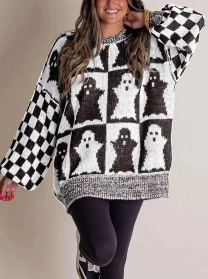 A stylish Halloween sweater featuring a unique pumpkin and ghost graphic design, available in a variety of fashion-forward colors.