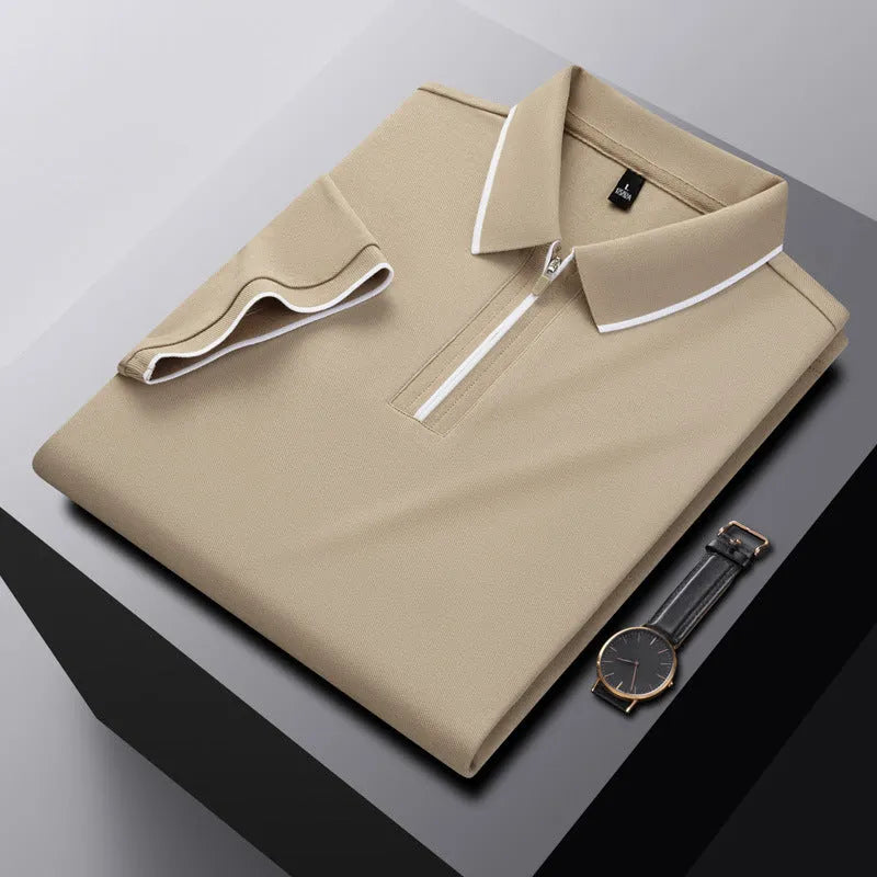 Men's solid colour short sleeve polo shirt with a silver front zipper, shown in beige apricot.