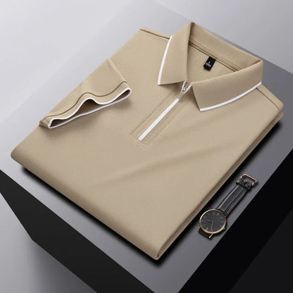 Men's solid colour short sleeve polo shirt with a silver front zipper, shown in beige apricot.