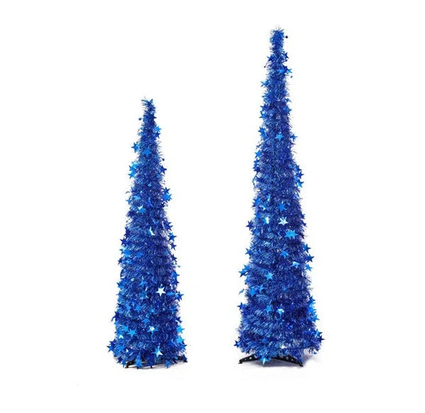 Collapsible artificial Christmas tree with sequin decorations in silver, green, gold, red, and blue options