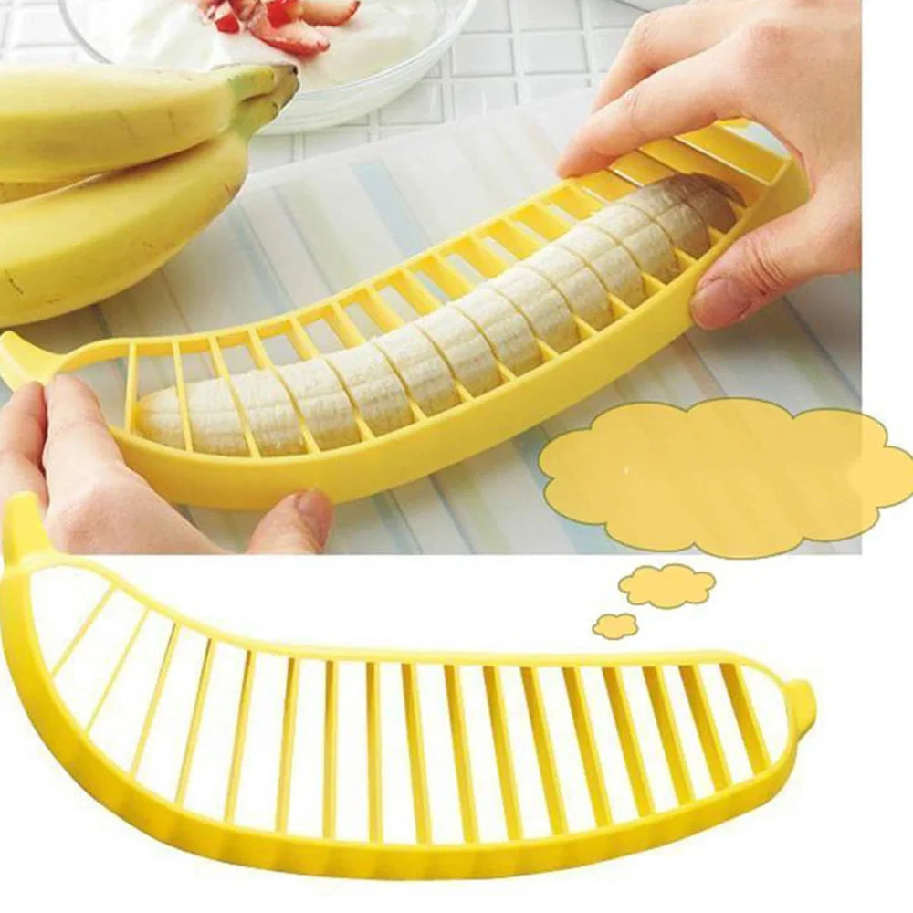 Yellow food grade PP banana cutter, 25 cm long, slices entire fruit in one quick motion for easy kitchen prep