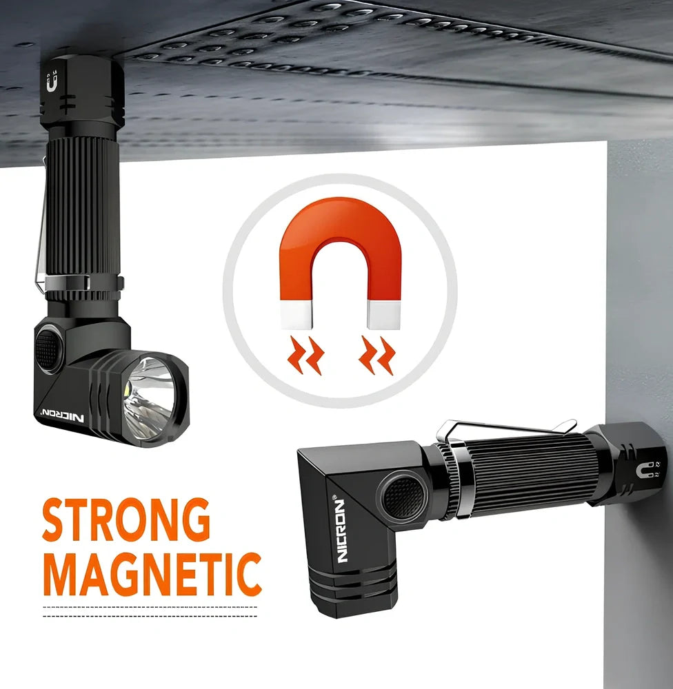 Grey black hands-free LED flashlight with magnetic base and rotary clip for mounting