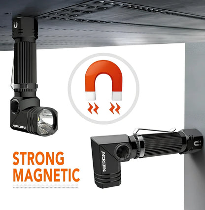 Grey black hands-free LED flashlight with magnetic base and rotary clip for mounting