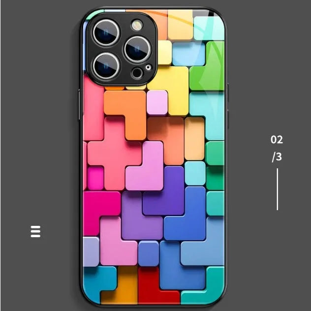 Colourful geometric building block pattern silicone back cover for iPhone, shown in glossy finish.