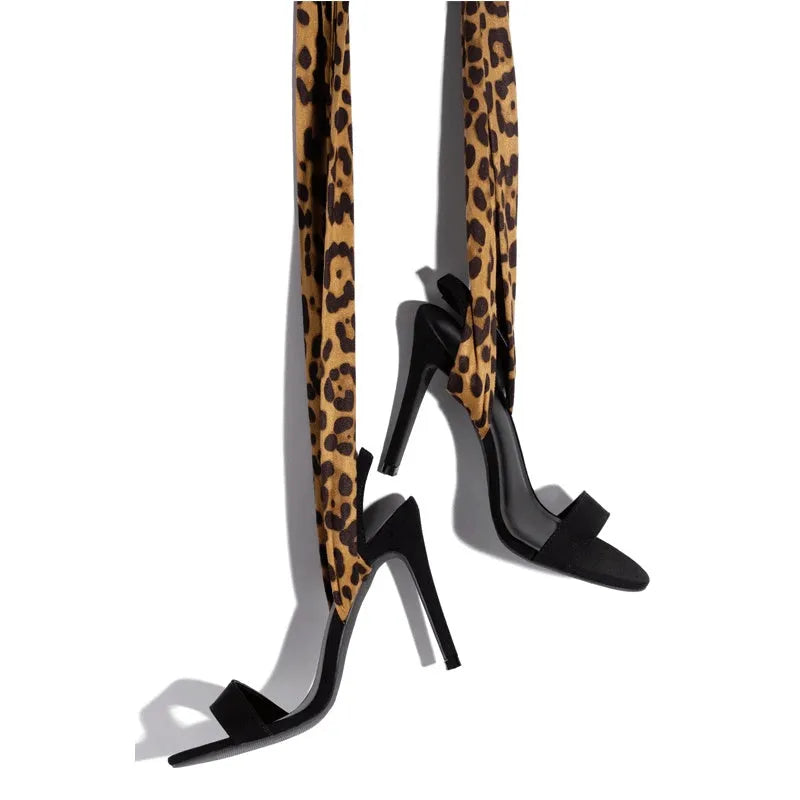 Light brown leopard print high heels with cross straps and 8cm fine heel on rubber sole