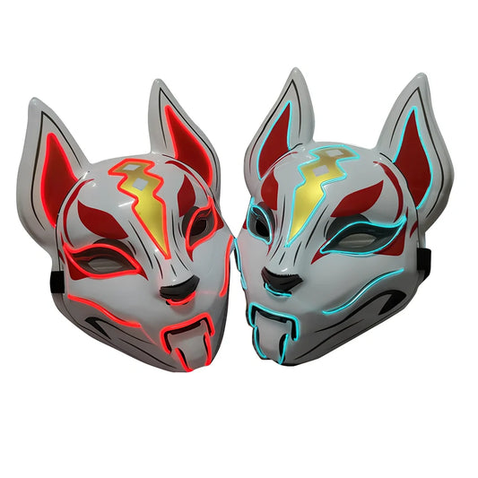 Glowing blue cat face mask with LED illumination measuring 28cm by 18cm for cosplay and Halloween events