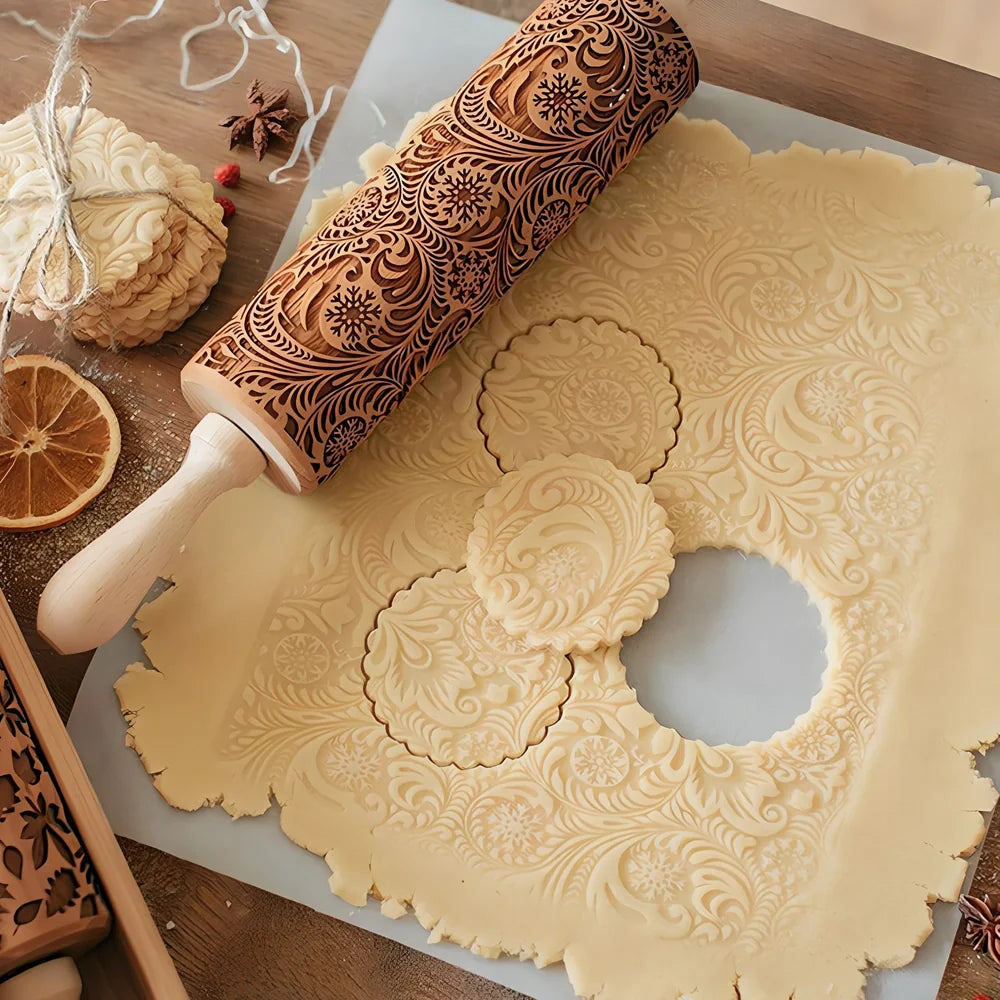 35cm wooden Christmas gift printing rolling pin with engraved festive cookie designs