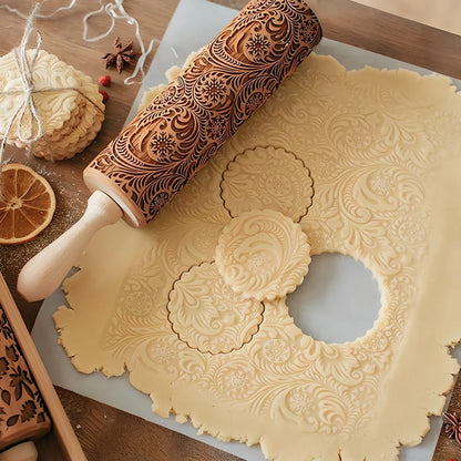 35cm wooden Christmas gift printing rolling pin with engraved festive cookie designs