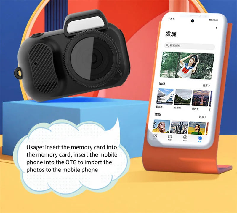 Black retro-style mini camera with display screen for 1080p HD video recording