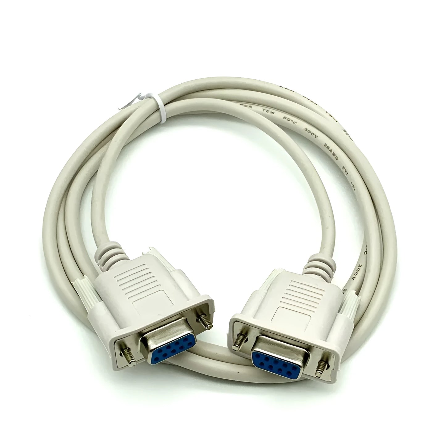 Close-up of a milky white DB9 female-to-female RS232 serial cable, 1.5 metres long.