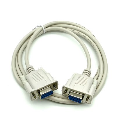 Close-up of a milky white DB9 female-to-female RS232 serial cable, 1.5 metres long.