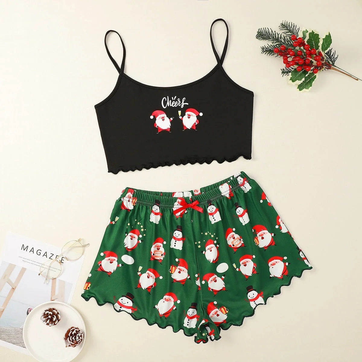 Christmas Women's Milk Silk Pajamas Set with Sleeveless Shorts in festive designs