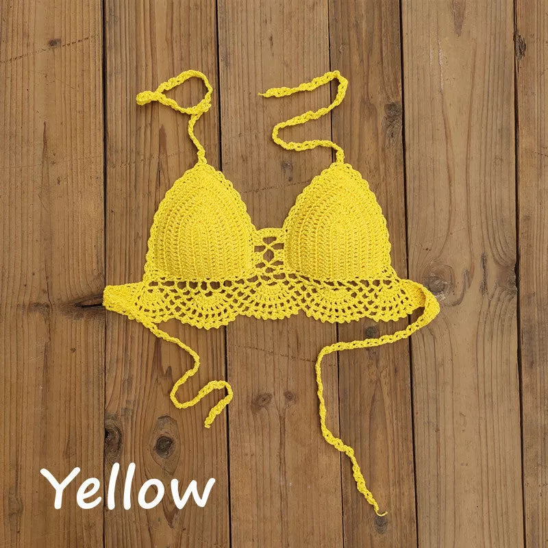 Boho crochet bra in various colors with backless design and chest pad