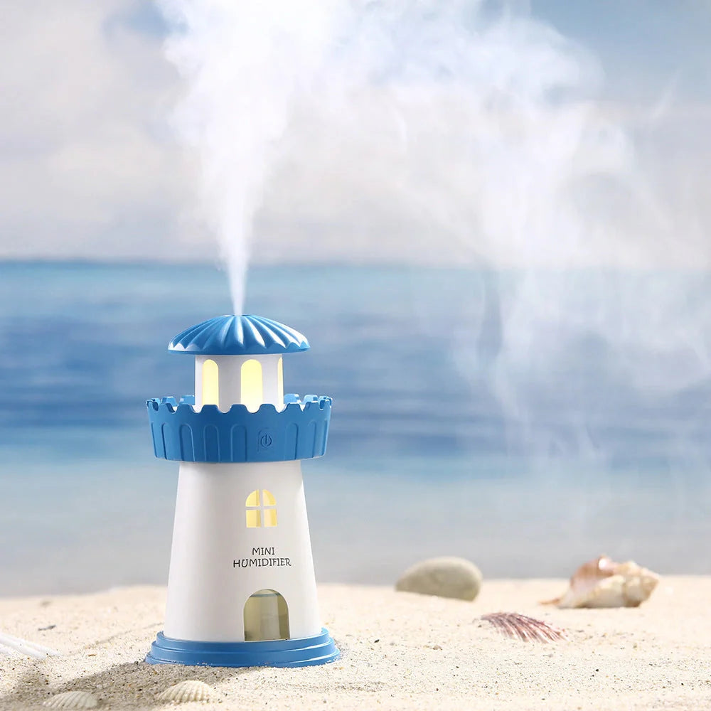 Lighthouse Humidifier with USB night light in five colors: green, pink, blue, red, gray