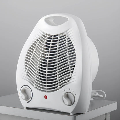 White compact electric heater with mechanical control knob for three-speed operation