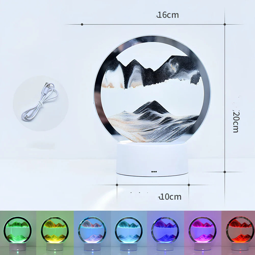 Desktop hourglass lamp with colourful LED lighting illuminating flowing quicksand patterns
