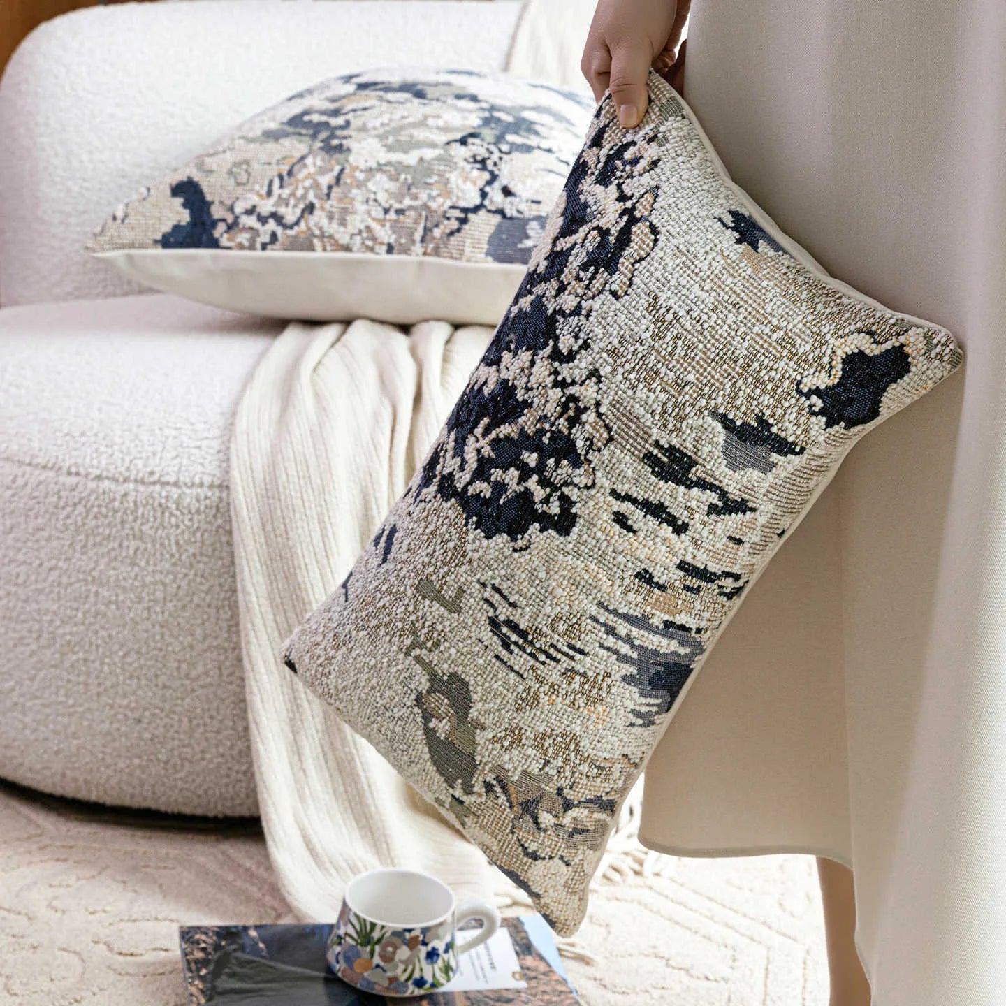 Square decorative cushion with botanical pattern in antique blue, wool blend fabric, feather velvet filler