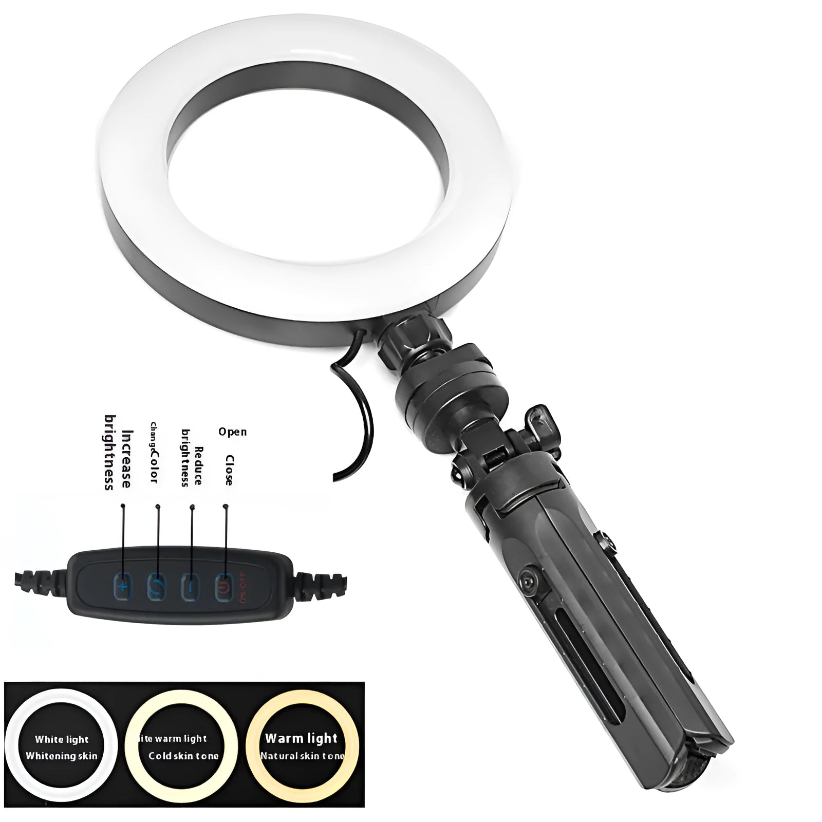 Black desktop mobile phone bracket with adjustable colour fill light and tripod stand for video recording