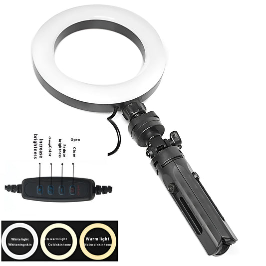 Black desktop mobile phone bracket with adjustable colour fill light and tripod stand for video recording